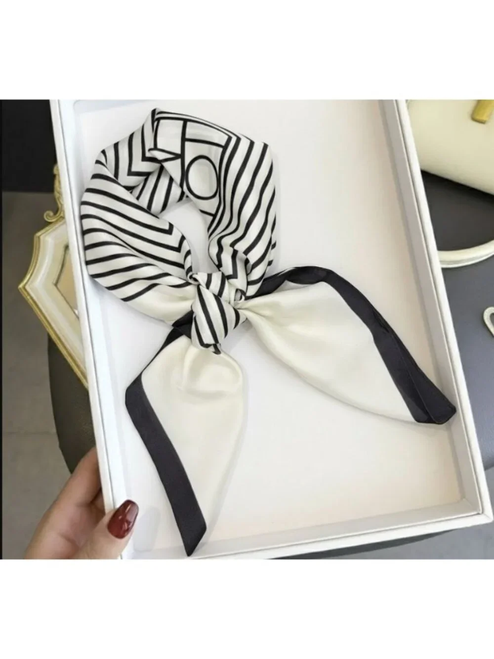 ⭐Luxury Elegant Bandana Silky Square Scarf WHITE BLACK Striped Versatile Soft